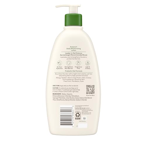 Aveeno Daily Moisturizing Body Lotion, Body Lotion for Dry Skin with Prebiotic Oat, Paraben Free, Fragrance Free, Non-Greasy, Non-Comedogenic Moisturizer, 18 FL OZ