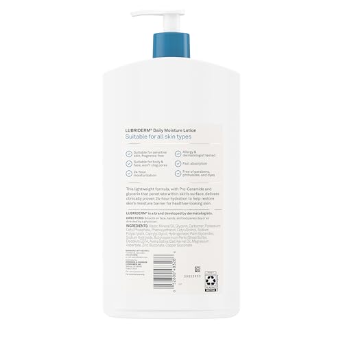 Lubriderm Fragrance Free Daily Moisture Lotion + Pro-Ceramide, Shea Butter & Glycerin, Face, Hand & Body Lotion for Sensitive Skin, Hydrating Lotion for Healthier-Looking Skin, 24 fl. oz