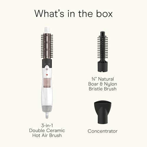 Conair Double Ceramic 3-in-1 Hot Air Brush, Interchangeable Attachments: 1¼-Inch Thermal Brush, ¾-Inch Boar and Nylon Bristle Brush, and Concentrator, Voluminous Curls & Straight Styles, White