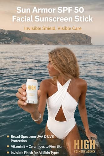 Sun Armor SPF 50 Facial Sunscreen Stick | Broad-Spectrum UVA & UVB Protection | Invisible Finish, Easy Touch-Ups | Vitamin E + Ceramides for Firm, Smooth Skin | Travel-Friendly SPF, HCA