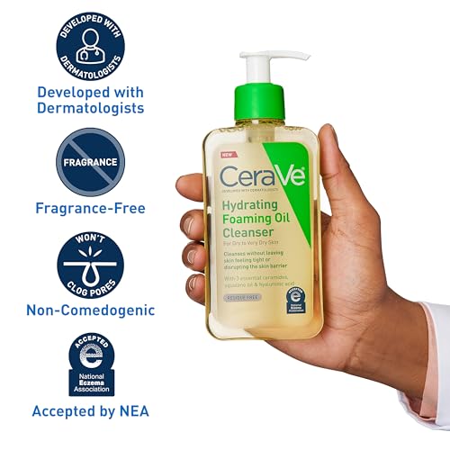 CeraVe Hydrating Foaming Oil Cleanser, Moisturizing Oil Cleanser for Face & Body, Squalane Oil + Hyaluronic Acid + Ceramides, For Dry to Very Dry Skin, Fragrance Free & Residue Free, 19 FL Oz
