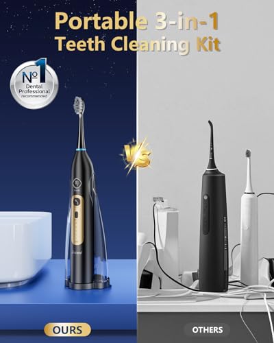 Electric Toothbrush with Water Flosser Combo, Professional Flossing Toothbrush with 3 Sonic Brush Modes & 5 Water Pressures, Cordless Water Flosser for Adults Teeth Cleaning Plaque Removal