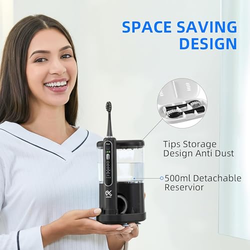 Professional Flossing Electric Toothbrush with Water Flosser, 2 in 1 Toothbrush and Water Flosser Combo, Sonic Electric Toothbrush Cordless Flossing Brush (Black)