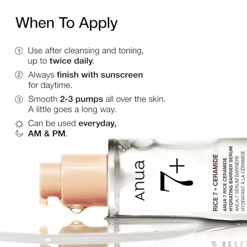 ANUA Rice Ceramide 7 Hydrating Barrier Serum, Moisturizing Serum for Face, Rice, Hyaluronic Acid, Niacinamide, Fragrance Free, Non-comodogenic, Glass Skin, Korean Skin Care, 50ml/1.69fl.oz.