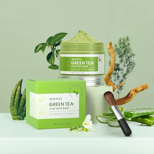 SHVYOG Green Tea Face Mask, Antioxidant Green Tea Clay Mask with Volcanic Mud, Deep Cleansing & Moisturizing & Hydrating Clay Facial Mask for Pores, Blackheads, Wrinkles, Dirts