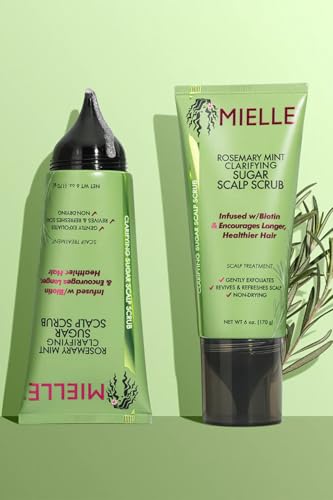 Mielle Organics Rosemary & Mint Sugar Exfoliating Scalp Scrub - Gentle Pre-Shampoo Dry Scalp Treatment for Oil & Product Buildup - Biotin Infused Non-Drying, Moisturizing Formula (6 Fl Oz)