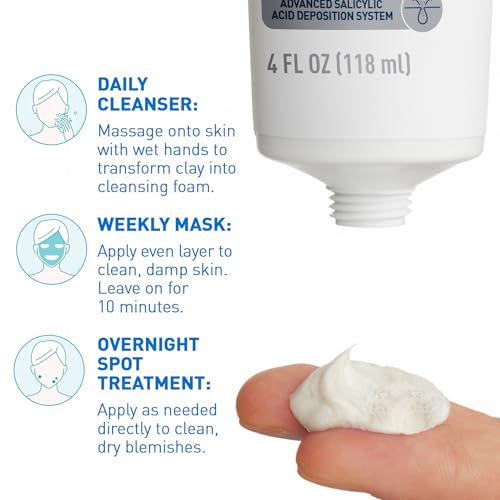 CeraVe Clay To Foam Acne Face Wash, Multi-Use Salicylic Acid & Kaolin Clay Acne Spot Treatment Clears Pimples & Blackheads, Prevents Breakouts, Hydrates & Soothes, Fragrance-Free, Non-Comedogenic, 4oz