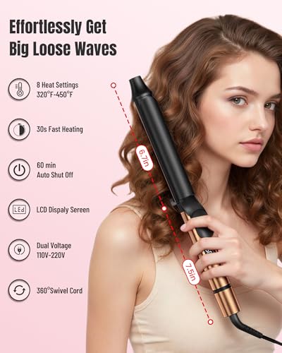 Mescomb 1.25 inch Long Barrel Curling Iron 1 1/4 inch with 8 Heat Settings, 10-Minute Curls, Ceramic Curling Iron, 30s Fast-Heating, Beach Waver/Volumized/, 110-240V for Travel, 60 Mins Auto Off