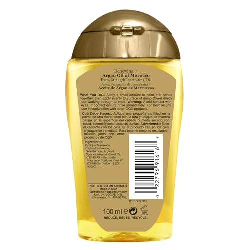 OGX Renewing + Argan Oil of Morocco Hair Oil, Extra Strength Penetrating Serum Treatment for Dry, Damaged, Frizzy, Curly & Coarse Hair, Cold-Pressed Argan Oil, Shine, 3.3 Fl Oz