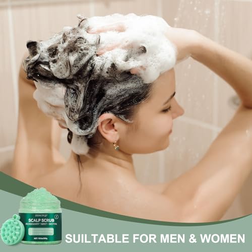 Scalp Scrub, Rosemary & Mint Oil & Biotin Scalp Exfoliator Scrub Shampoo with Silicone Cleansing Massager, Hair Treatment for Itchy Scalp, Dandruff & Buildup Removal & Thick and Strong Hair Growth