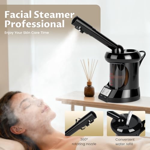 Facial Steamer Professional with More Steam for Deep Cleansing and Hydration, Face Steamer Featuring Extendable Arm, Steamer for Facial for Beauty, Spa and Home Use, Black