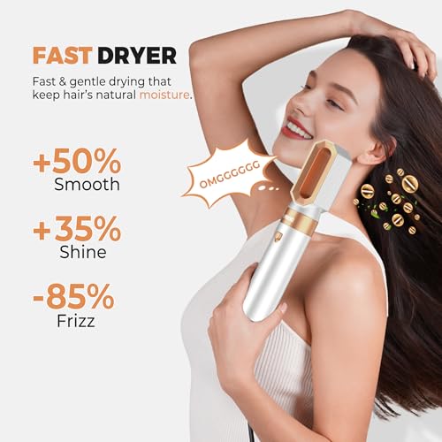 6 in ONE Blow Dryer Brush, Curling Wand Hair Styling Tools Set, Ionic Hot Air Hair Dryer, Massage Oval Hair Dryer, Left&Right Hair Curlers 100-120V (White)