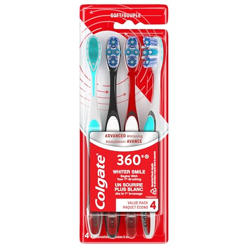 Colgate 360 Advanced Whitening Soft Toothbrush Pack, 4 Adult Soft Toothbrushes with Cheek and Tongue Cleaner, Helps Clean Your Teeth, Tongue, Cheeks, & Gums, 4 - Pack