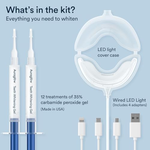 Auraglow Teeth Whitening Kit, Wired LED Accelerator Light, 35% Carbamide Peroxide Teeth Whitening Gel, 12 Whitening Treatments, Whitens up to 10 Shades in 7 Days