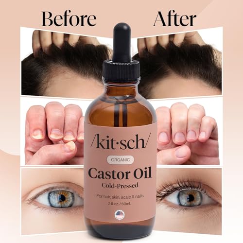 Kitsch Organic Castor Oil for Hair Growth - 100% Pure Castor Oil, Organic Cold Pressed Unrefined Glass Bottle for Face, Skin, Lashes, Brows, Scalp, Nails & Belly Button | Ideal Gifts for Women - 2 oz