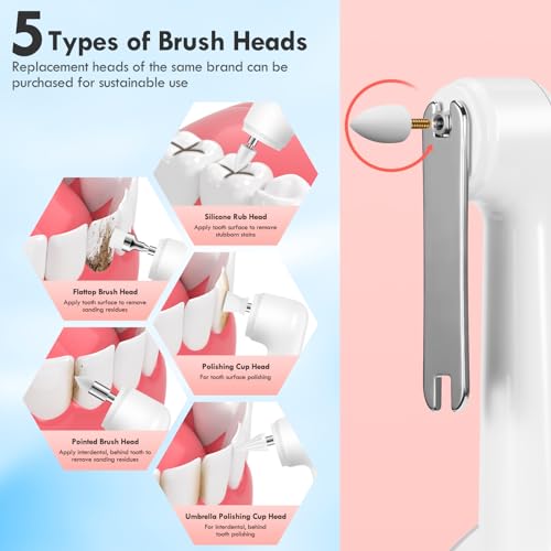 Tooth Polisher, Rechargeable Teeth Polisher for Daily Cleaning, Whitening and Polishing, Electric Dental Teeth Polishing with LED Light, 5 Brush Heads, 5 Speed Modes, Waterproof