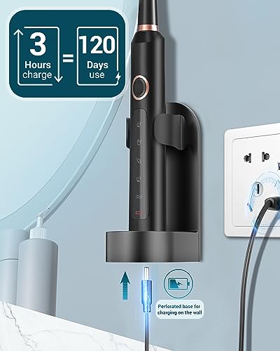 Sonic Electric Toothbrush for Adults - Rechargeable Electric toothbrush with 8 Brush Heads & Travel Case,Teeth Whitening , Power Electric Toothbrush with Holder, 3Hours Charge for 120 Days - Black