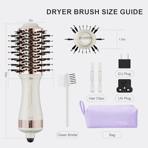 4-in-1 Travel Dual Voltage Hair Dryer Brush Blow Dryer Brush,Portable 2 inch Mini Hot Air Brush,Travel Hair Styler/Volumizer/Straightener/Curler,110-240V European Blow Dry Brush with EU&UK Plug
