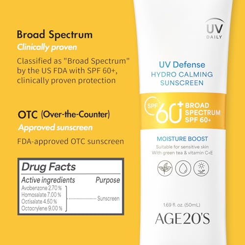 AGE20'S UV Defense Hydro Calming Sunscreen SPF 60+ | Korean Sunscreen | Moisturizing Creamy Formula, No White Cast, Lightweight Finish | Green Tea + Aloe Vera | Dermatest Excellent | 1.69 fl.oz*1