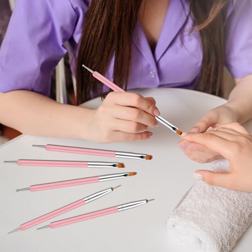 11PCS Nail Art Brushes & Nail Dotting Tools,Double Ended Tipped Silicone Nail Tools,Gel Polish Brush,Liner Brush,Dotting Pen for Home Salon DIY Kit (Pink)