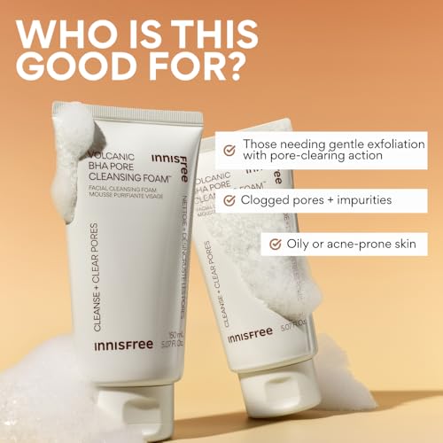 innisfree Volcanic BHA Pore Cleansing Foam, Korean Face Wash with Salicylic Acid, Oil Control, Deep Clean, Pore Care, Sulfate-Free Formula