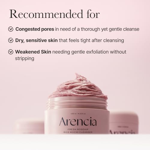 Arencia Rosehip Brightening Rice Mochi Face Cleanser & Daily Scrub - Moisturizing, Exfoliating & Deep-Cleansing - All Skin Types with Rice Powder & Rice Water (4.23oz)