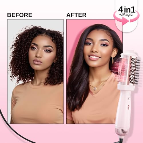 4-in-1 Blow Dryer Brush & Hair Straightener - NOVUS Ionic Hot Air Styler with Titanium Barrel, Volumizer for Frizz-Free Smoothing, Blowout Tool for All Hair Types (Pink)