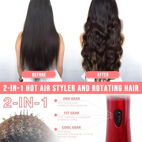 3 in 1 Hot Air Styler and Rotating Hair Dryer Hair Dryer and Blow Dryer Brush in One 2 Interchangeable Brushes for Dry and Wet Hair, Auto Rotating Curling Hot Hair Brush (Red)