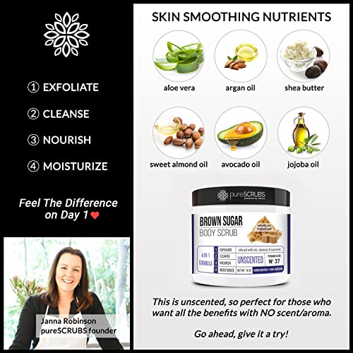 pureSCRUBS Premium Unscented Brown Sugar Body Scrub | Large 16oz Jar | Face, Feet & Full Body Scrub | Includes Wooden Spoon, Loofah & Mini Exfoliating Bar Soap