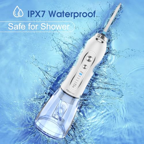 H2ofloss Water Dental Flosser Portable Dental Oral Irrigator with 5 Modes, 6 Replaceable Jet Tips, Rechargeable IPX7 Waterproof Teeth Cleaner for Home and Travel -300ml Detachable Reservoir (HF-6)