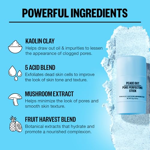 PEACE OUT Pore Perfecting Stick, Clay Cleanser for Pores and Blackheads, Exfoliating Face Stick with Glycolic and Salicylic Acid, Targets Oil and Texture, 0.53oz