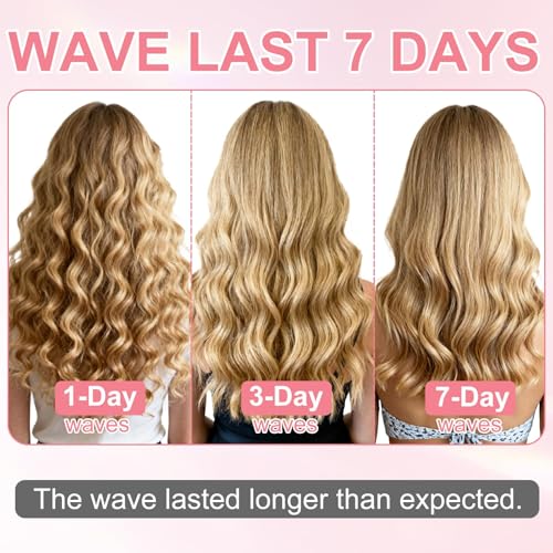 Hair Crimper, Waver Curling Iron Hair Styling Tool with Negative Ionic Technology Crimper Hair Tool for Creating Smooth Waves, French Anti-Scald Wave 32mm Curling Iron for Short Hiar, Pink