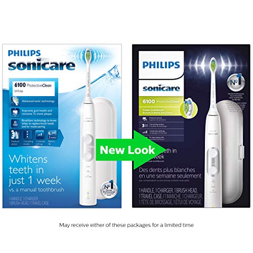 PHILIPS Sonicare ProtectiveClean 6100 Rechargeable Electric Toothbrush, with Pressure Sensor, 3 Cleaning Modes, SmarTimer and QuadPacer, 14-Day Battery Life, Travel Case, White, Model HX6877/21