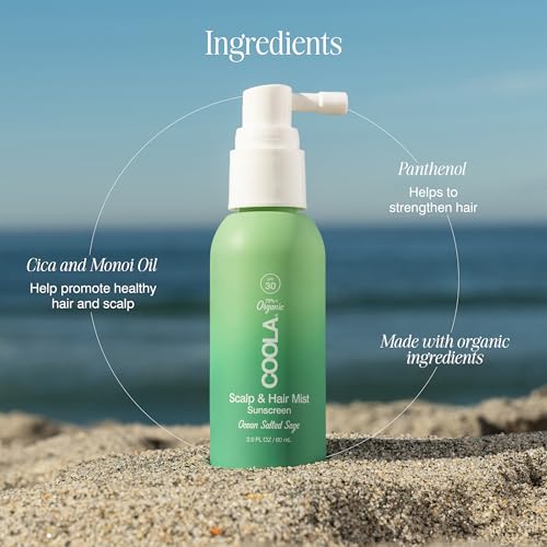 COOLA Organic Scalp Spray & Hair Sunscreen Mist with SPF 30, Dermatologist Tested Hair Care for Daily Protection, Vegan and Gluten Free, Ocean Salted Sage, 2 Fl Oz