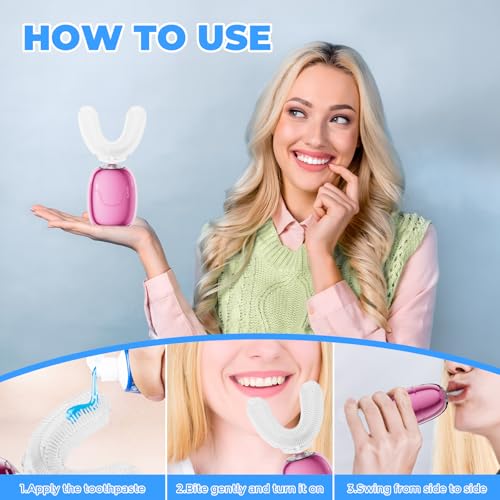 Electric Toothbrush Adults U Shaped Automatic toothbrushes,360° Whole Mouth Cleansing 3 Cleaning Modes,Rechargeable, Waterproof (White)