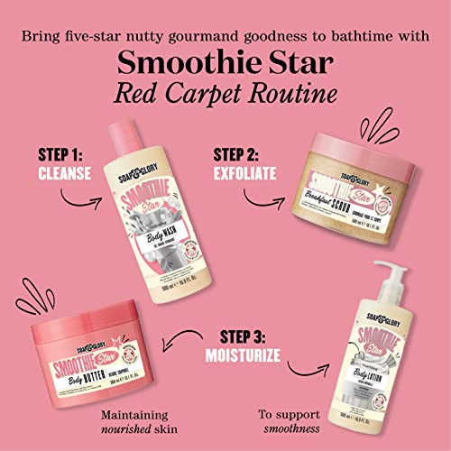 Soap & Glory Smoothie Star Exfoliating Body Scrub - Buff & Smooth Skin - Almond & Caramel Scented Vegan Body Polish - Brightening Scrub with Honey Extract + Sweet Almond Oil (300ml)