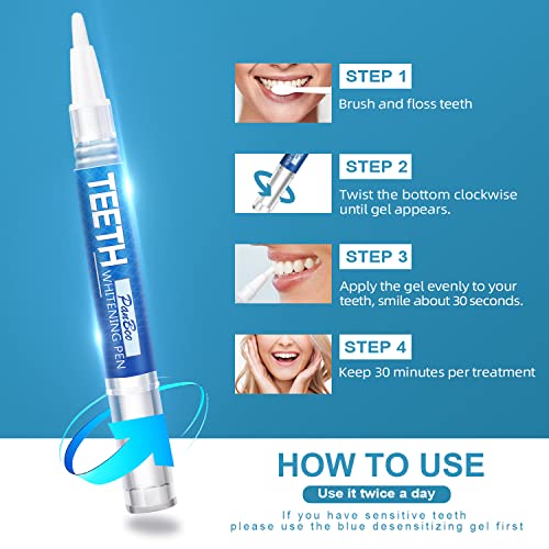 Teeth Whitening Pen 4+1(5 Pack), 70+ Treatments, Use Twice a Day Up to 1-6 Shade Whiter in 1-2 Weeks, 4 Whitening Pens plus 1 Desensitizing Pen, Effective, Painless and Enamel Safe Teeth Whitening Gel