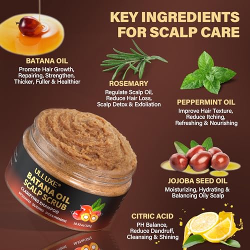 Scalp Scrub, 2-in-1 Scalp Exfoliator Clarifying Shampoo for Dandruff, Dry & Itchy Scalp Care, Batana Oil & Rosemary Scrub Scalp Treatment with Scalp Massager Promotes Hair Growth, 10.93 oz