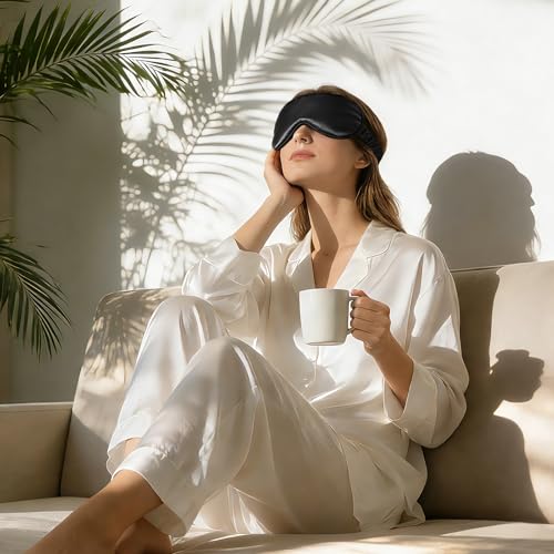 ZIMASILK Adjustable 100% 22 Momme Mulberry Silk Sleep Mask for Sleeping, Filled with Premium Mulberry Silk, Softest & Breathable Blackout Eye Sleeping Mask (Black)
