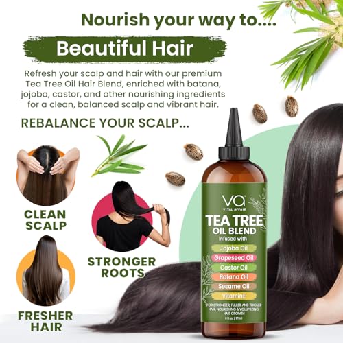 VITAL AFFAIR Tea Tree Oil For Hair With Jojoba, Castor, Batana Oil - Tea Tree Hair And Scalp Treatment - Hair Oil For Dandruff - Helps Strengthen, Volumize & Promotes Hair Growth - 6 Fl Oz