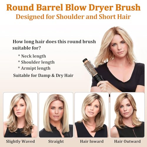 Round Hair Blow Dryer Brush - 1.2 Inch Ceramic Barrel Hair Dryer Brush for Short/Middle Hair, One Step Drying, Volumizing, Straightening and Styling, Negative Ionic Dryer Brush(Black-Brass, 1.2)