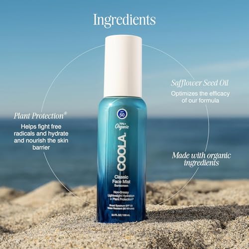 COOLA Organic Sunscreen SPF 50 Sunblock Face Mist, Dermatologist Tested Skin Care for Daily Protection, Vegan and Gluten Free, Natural Fragrance, 3.4 Fl Oz