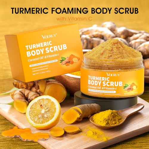 VOERUY Body Scrub, Turmeric Exfoliating Body Scrub, with Coconut Oil & Vitamin C, Bikini Area Exfoliator Gently Exfoliate Body Hand and Foot Scrub, Moisturized Skin for Women and Men, 11.28oz/320g