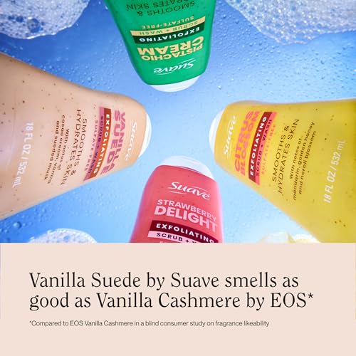 Suave Vanilla Suede Exfoliating Body Wash & Scrub with Glycerin & Vitamin E, Sulfate-Free Hydrating Cleanser for Soft, Smooth Skin, 6 Count, 18 FL OZ EA