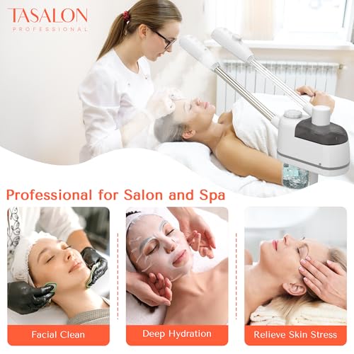 TASALON 2 in 1 Professional Facial Steamer on Wheels -with Ozone and Hot & Cold Mist, Ionic Facial Steamer Kit for Facial Deep Cleaning and Moisturize, SPA & Home, Ozone Face Humidifier (White)