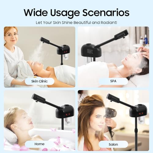 Professional Facial Steamer, Hot Ozone Face Steamer on Wheels for Facial, Adjustable Height, 360° Rotatable Nozzle, Vaporizador Facial Steamer for Esthetician, Height Adjustable, SPA at Home (Black)