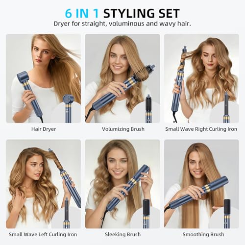 6-in-1 Hair Styler, Hair Dryer, Multi-Function Hot Air Brush Set, Ionic Blow Dryer with Interchangeable Attachments for Curling, Straightening, Volumizing, Gift for Women(Gemstone Blue)