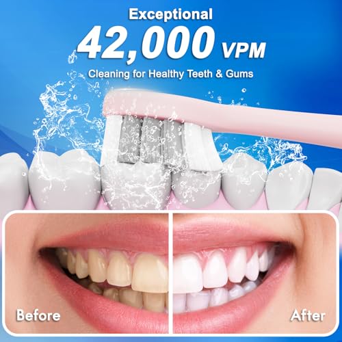 Sonic Electric Toothbrush for Adults & Kids, Rechargeable Electric Toothbrush with 10 Brush Heads & Travel Case, Teeth Whitening, Power Tooth Brush with Holder, Charge for 120 Days - Pink