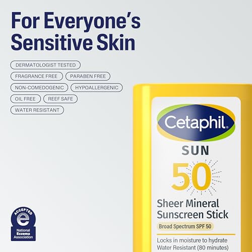 Cetaphil Sheer Mineral Sunscreen Stick for Face & Body, 0.5oz, 100% UVA/UVB Mineral Sunscreen: Zinc Oxide & Titanium Dioxide, Broad Spectrum SPF 50, For Sensitive Skin