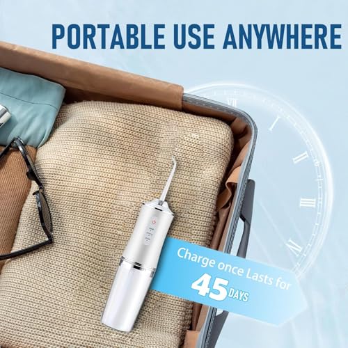 Water Dental Flosser Teeth Pick Portable Cordless Oral Irrigator Rechargeable Travel Irrigation Cleaner 3 Modes 4 Jets IPX7 Waterproof Electric (White)